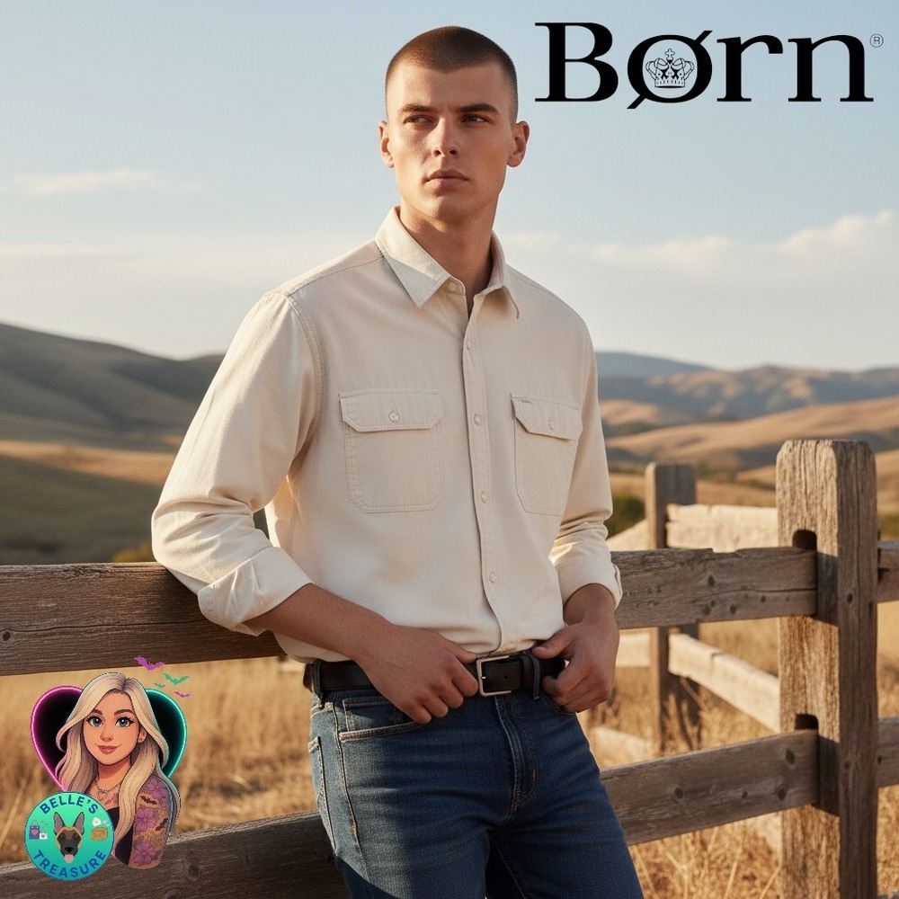 BORN Mens XL Long Sleeve Button Down Shirt Elbow Patch Bamboo Western Workwear